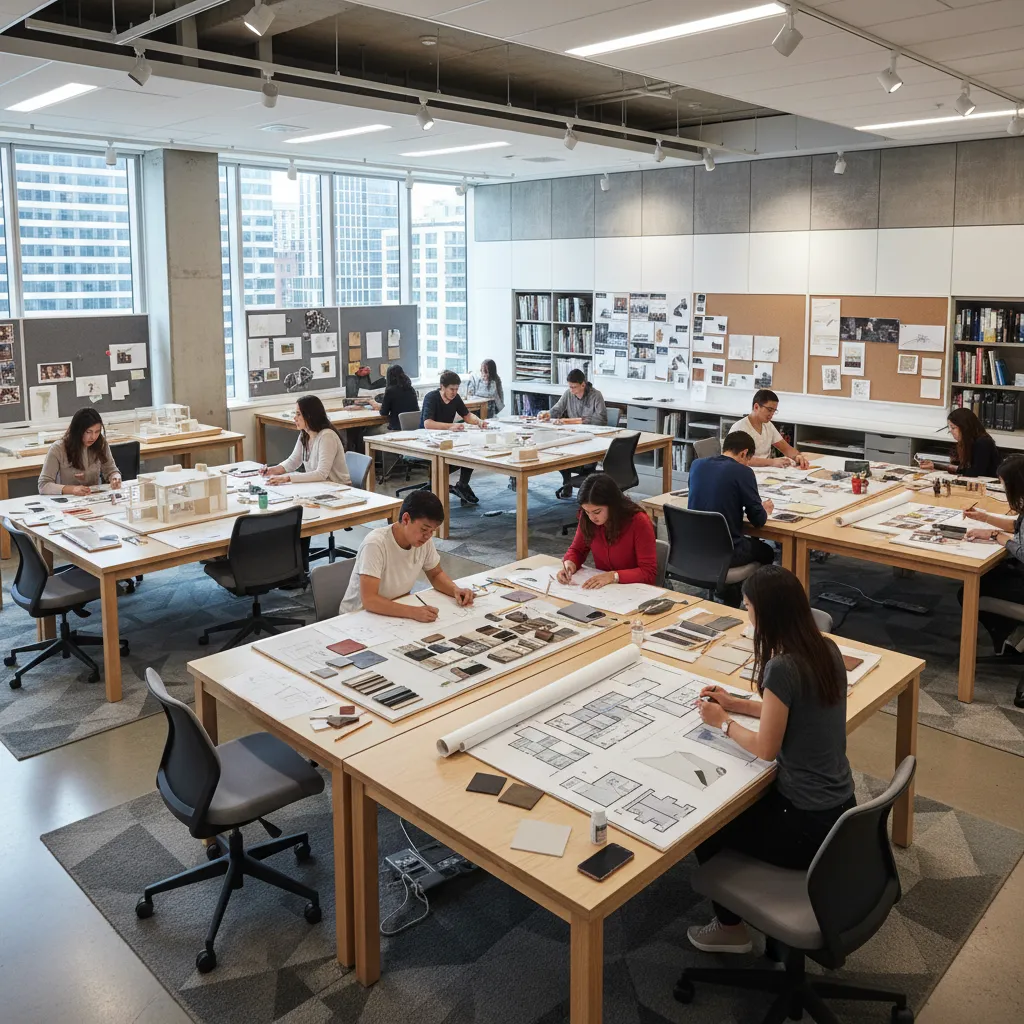 Aula universitaria de diseño de interiores con estudiantes trabajando