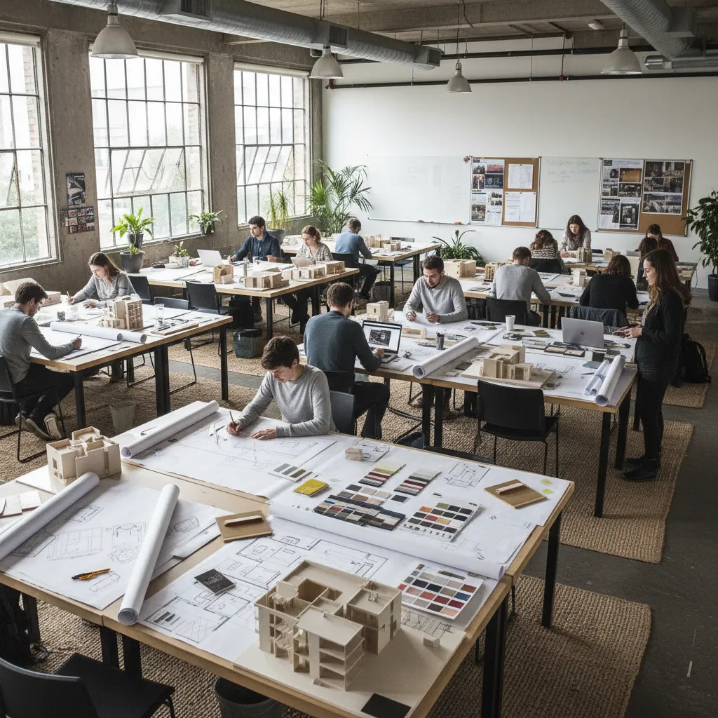 People in interior design studio working on floor plans and building small house models desks