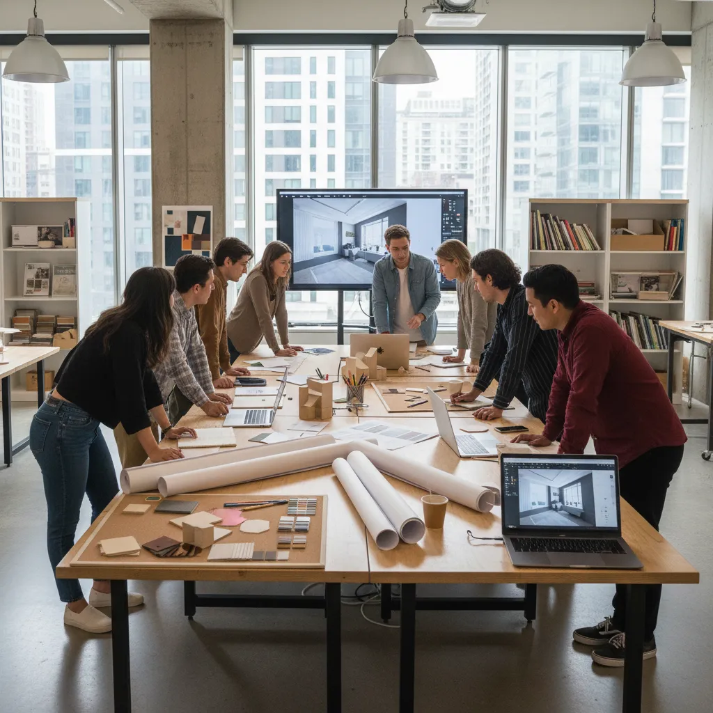 Estudiantes de diseño de interiores trabajando en un taller universitario