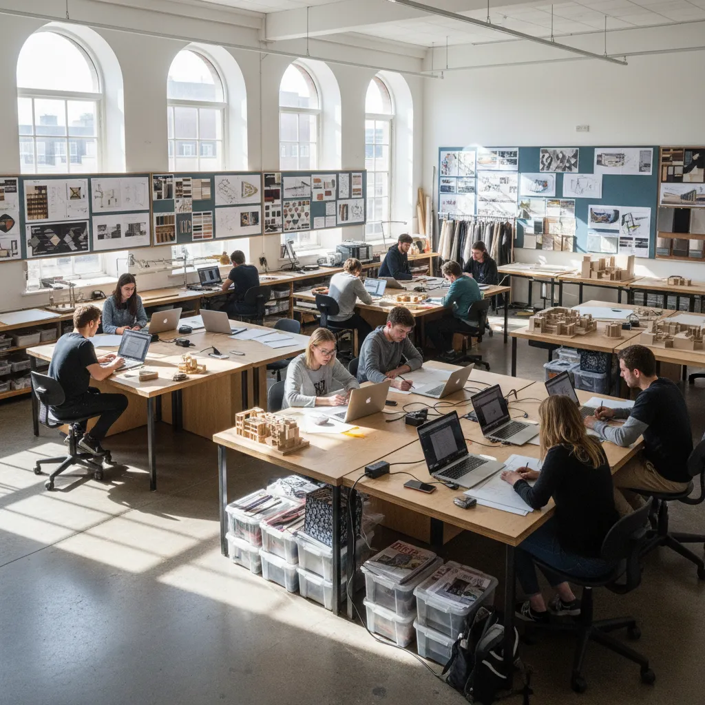 Estudio universitario de diseño de interiores con estudiantes trabajando