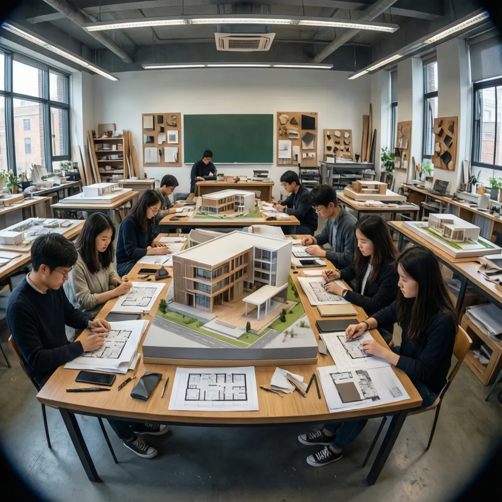 Aula universitaria de diseño interior con maquetas y planos