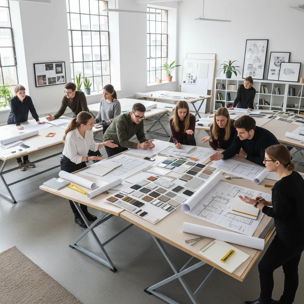 Students reviewing floor plans and material samples on large tables in a bright white studio