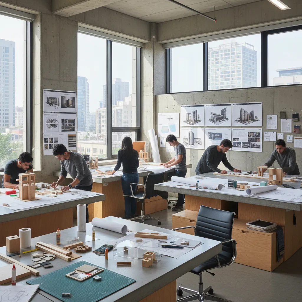 Estudiantes trabajando en proyectos de interiorismo en un estudio universitario