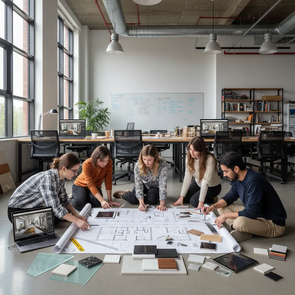 Estudiantes desarrollando proyectos de interiorismo en un estudio universitario