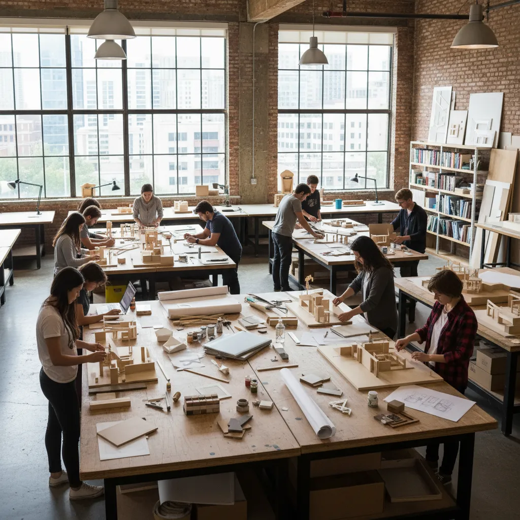 Aula universitaria con estudiantes desarrollando maquetas de interiorismo