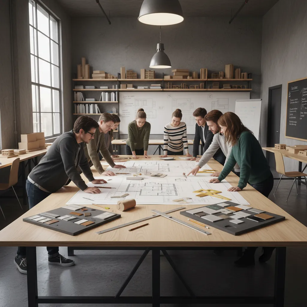 Estudiantes trabajando en planos de interiores y distribución de espacios