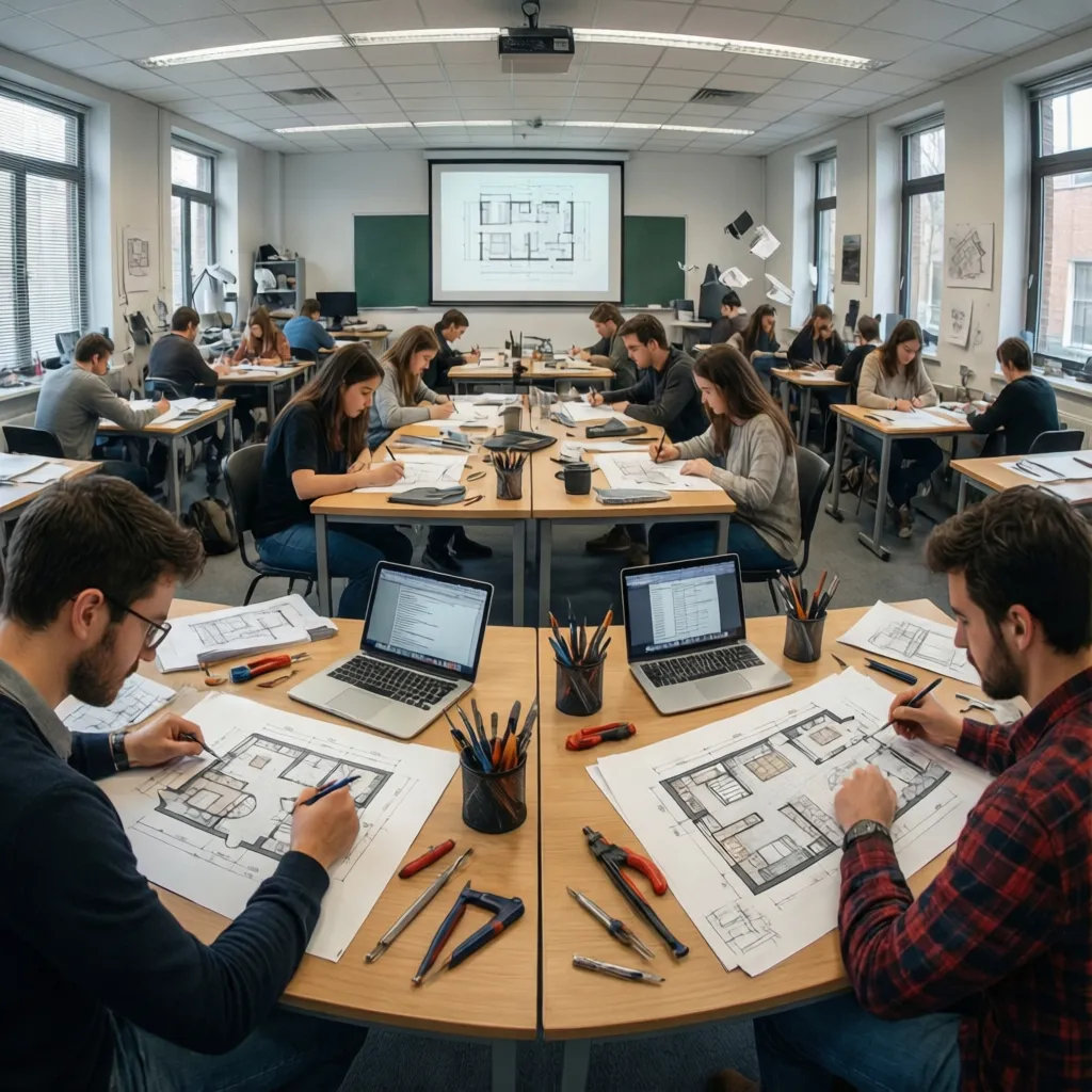 Aula universitaria con estudiantes desarrollando planos de diseño de interiores