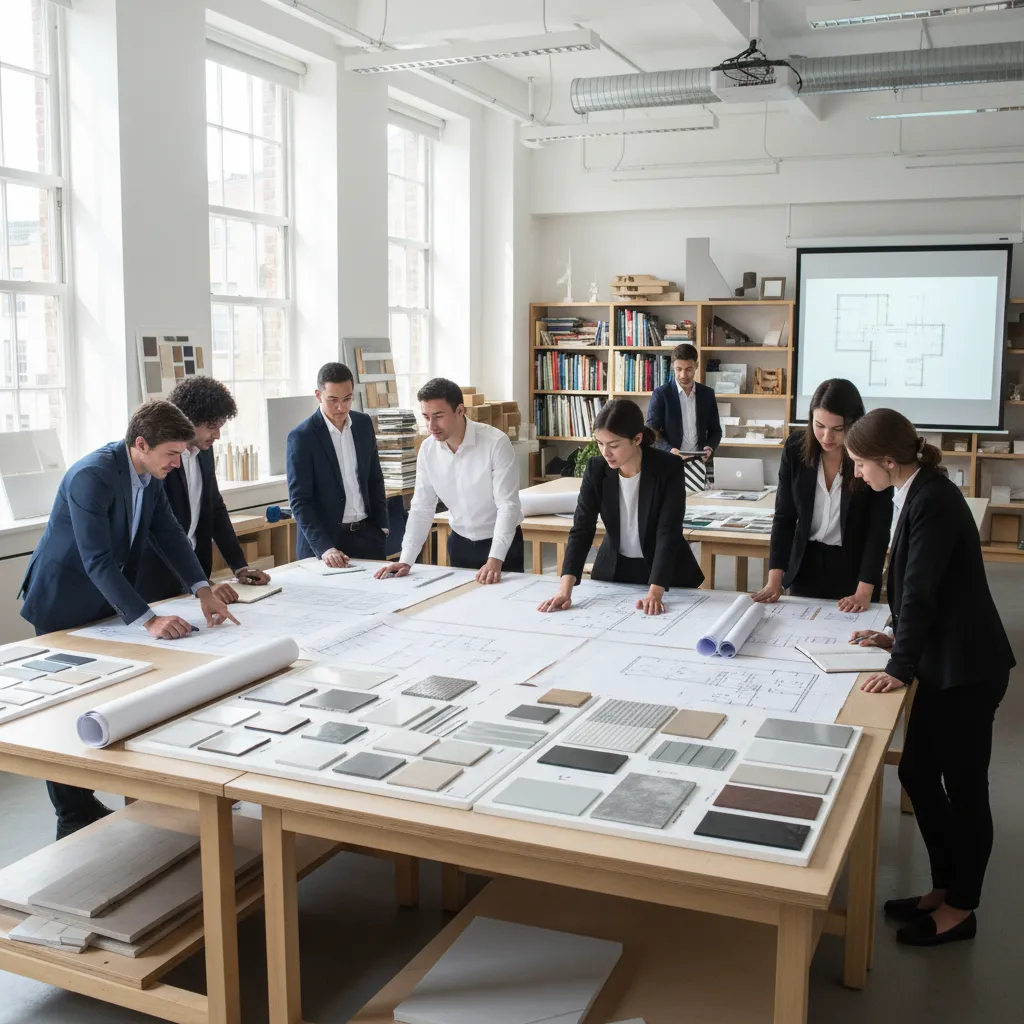 Aula universitaria de diseño de interiores con estudiantes revisando planos
