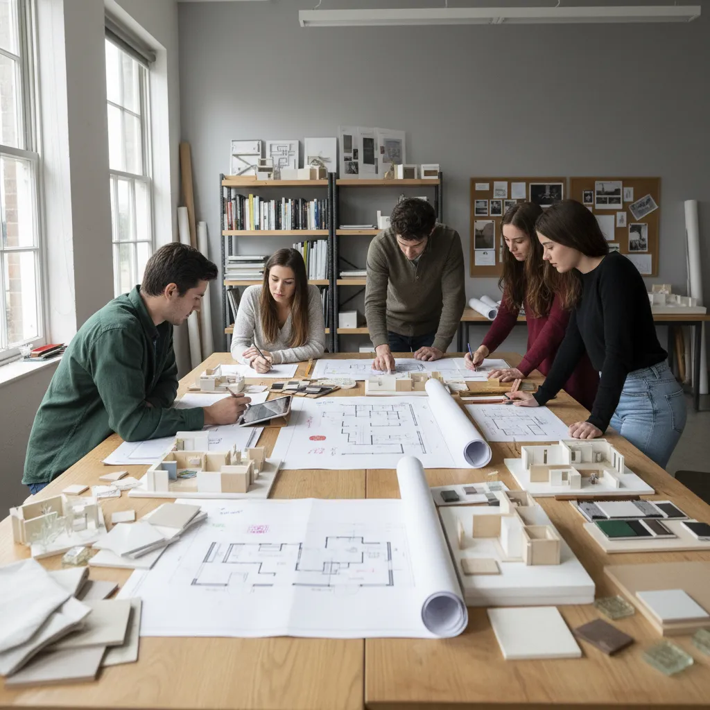 Estudiantes revisando planos y maquetas en un taller de diseño de interiores