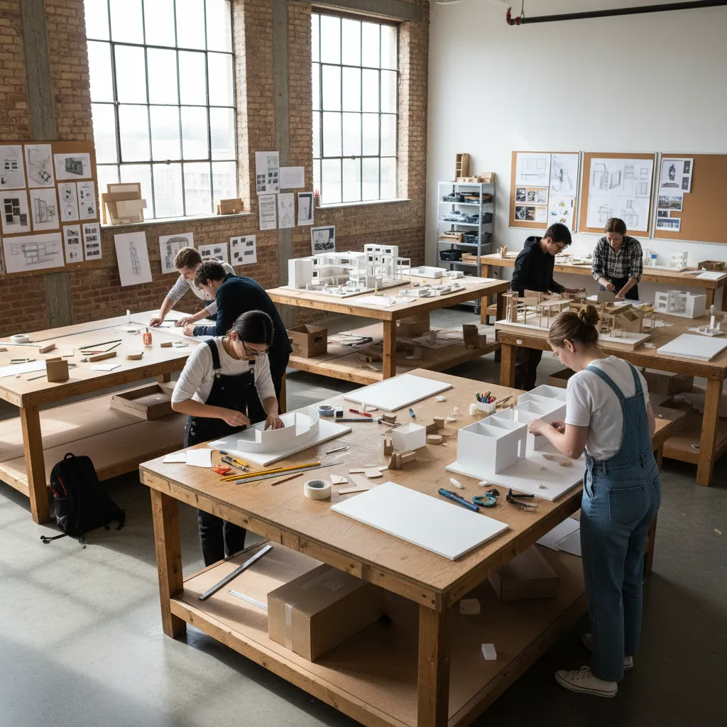 Aula universitaria con estudiantes trabajando en maquetas de interiorismo