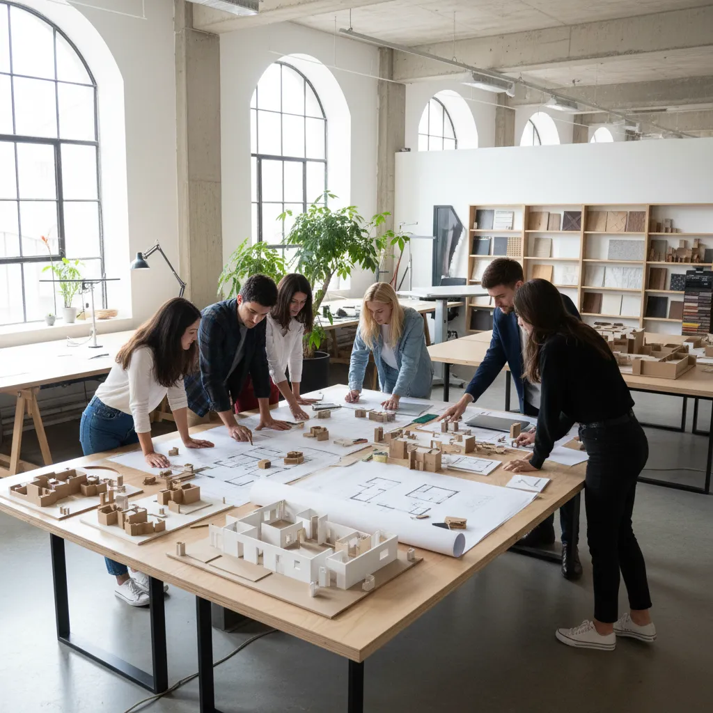 Estudiantes analizando planos y maquetas de interiorismo en una mesa de trabajo