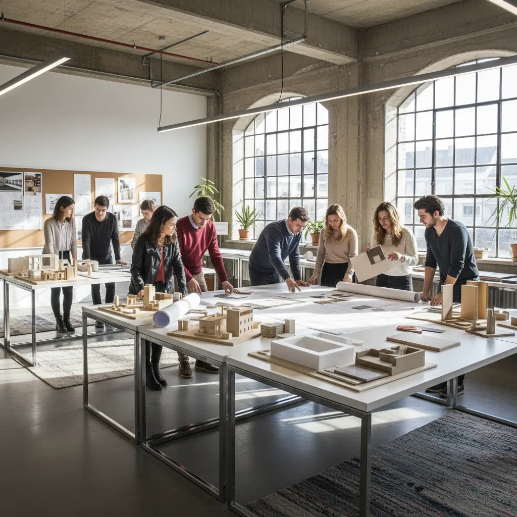 Group of designers working on interior design drawing and house models in a bright studio