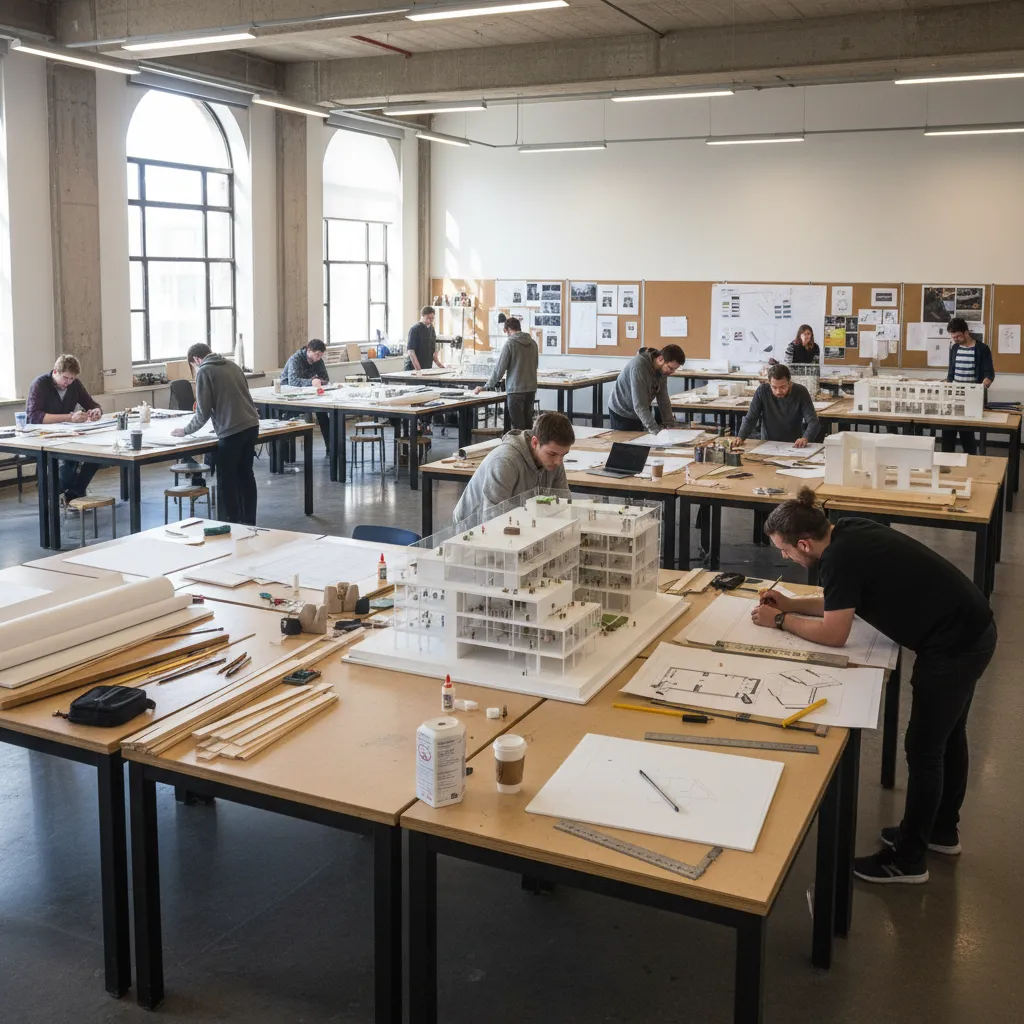 Estudiantes trabajando en maquetas y planos de interiorismo en un estudio universitario