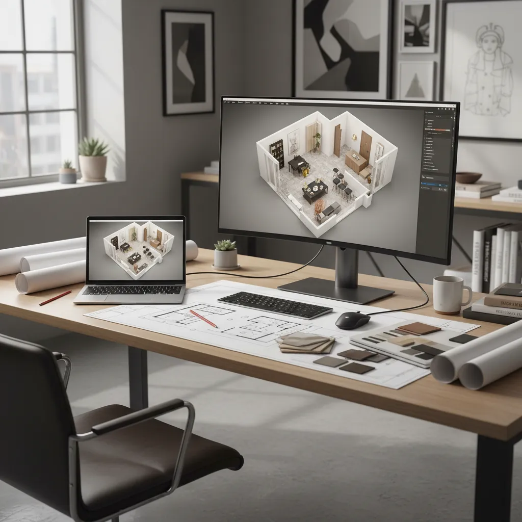 Professional workstation with a monitor and laptop showing a 3D interior design drawing on desk