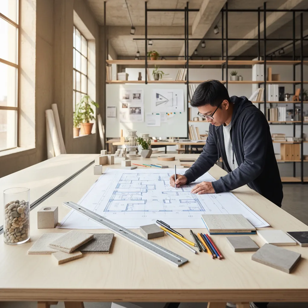 estudiante analizando la distribución de un espacio en planos de interiorismo