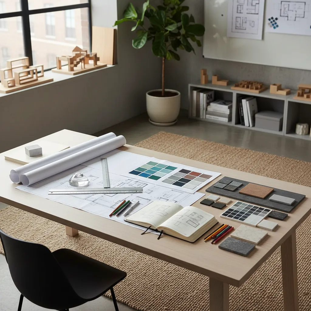 Interior design workspace with floor plans color swatches material samples and tools on wooden desk