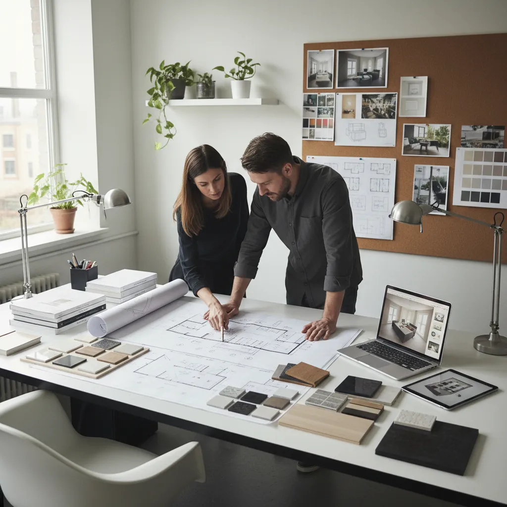 Diseñador de interiores trabajando en planos de reforma de vivienda