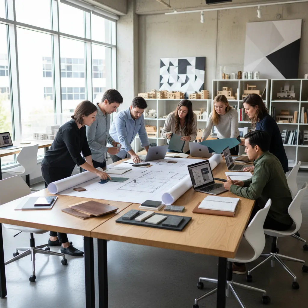Alumnos analizando planos y muestras de materiales en clase de interiorismo