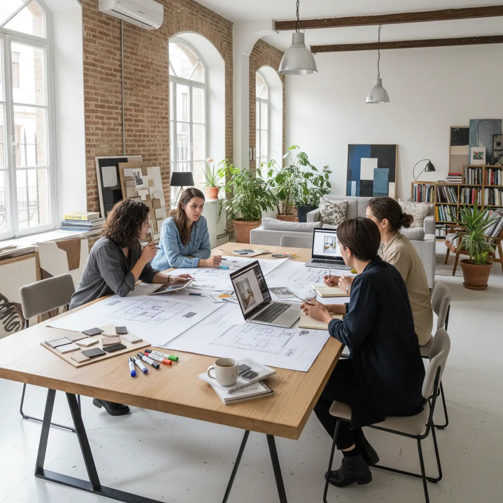 Diseñadores de interiores revisando un proyecto en un estudio de Barcelona