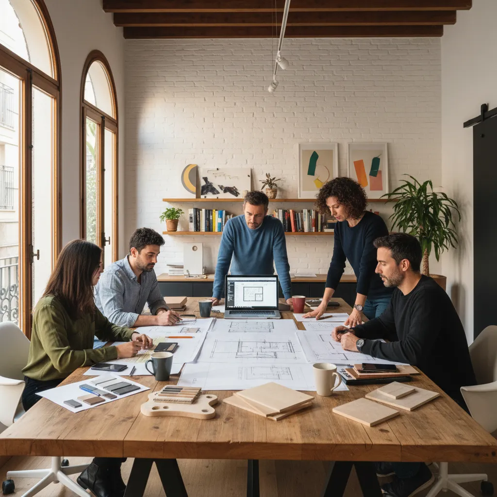 Equipo de diseñadores de interiores trabajando en un estudio creativo