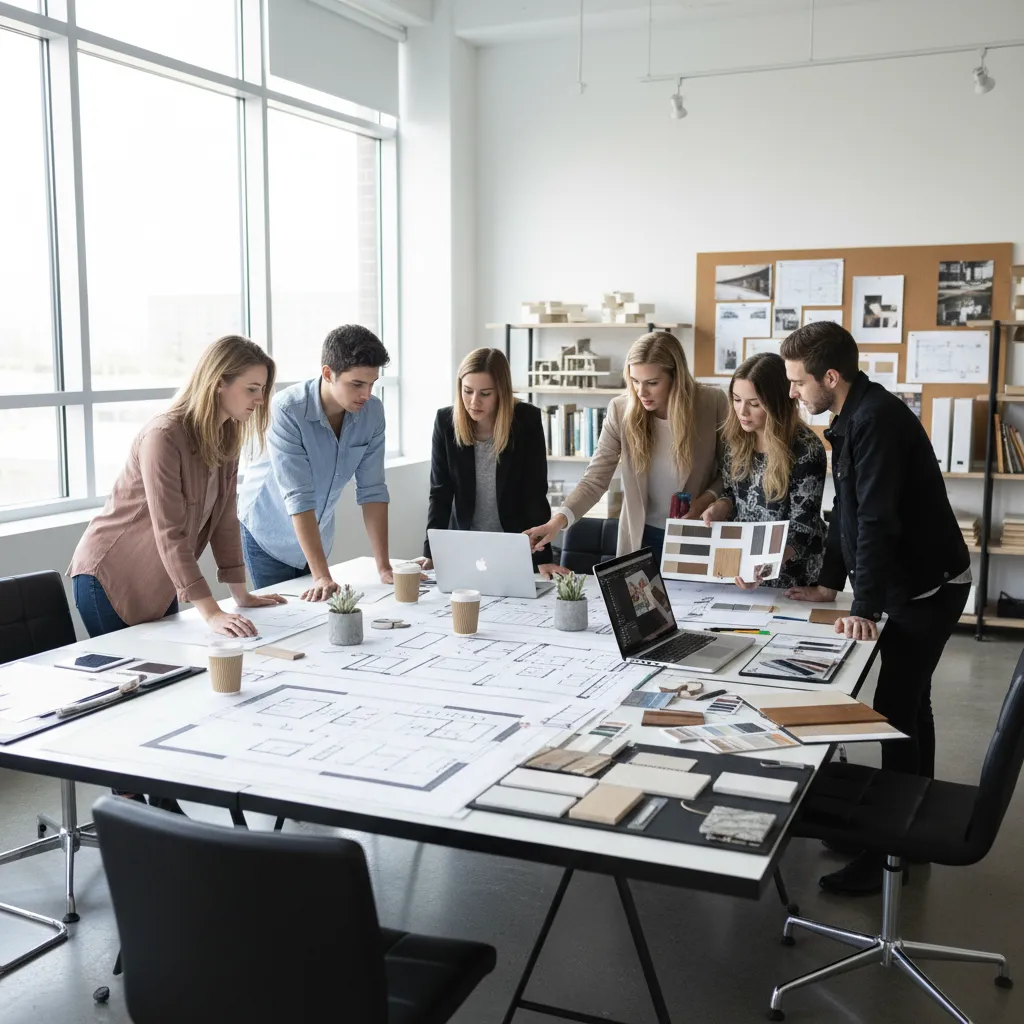 Grupo de estudiantes trabajando juntos en un proyecto de interiorismo