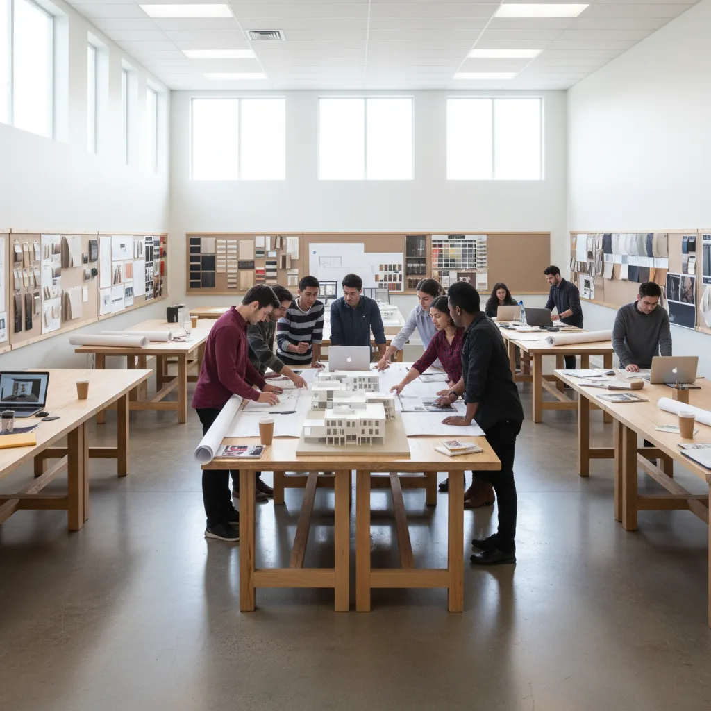 Estudiantes analizando planos y maquetas en una clase de diseño de interiores