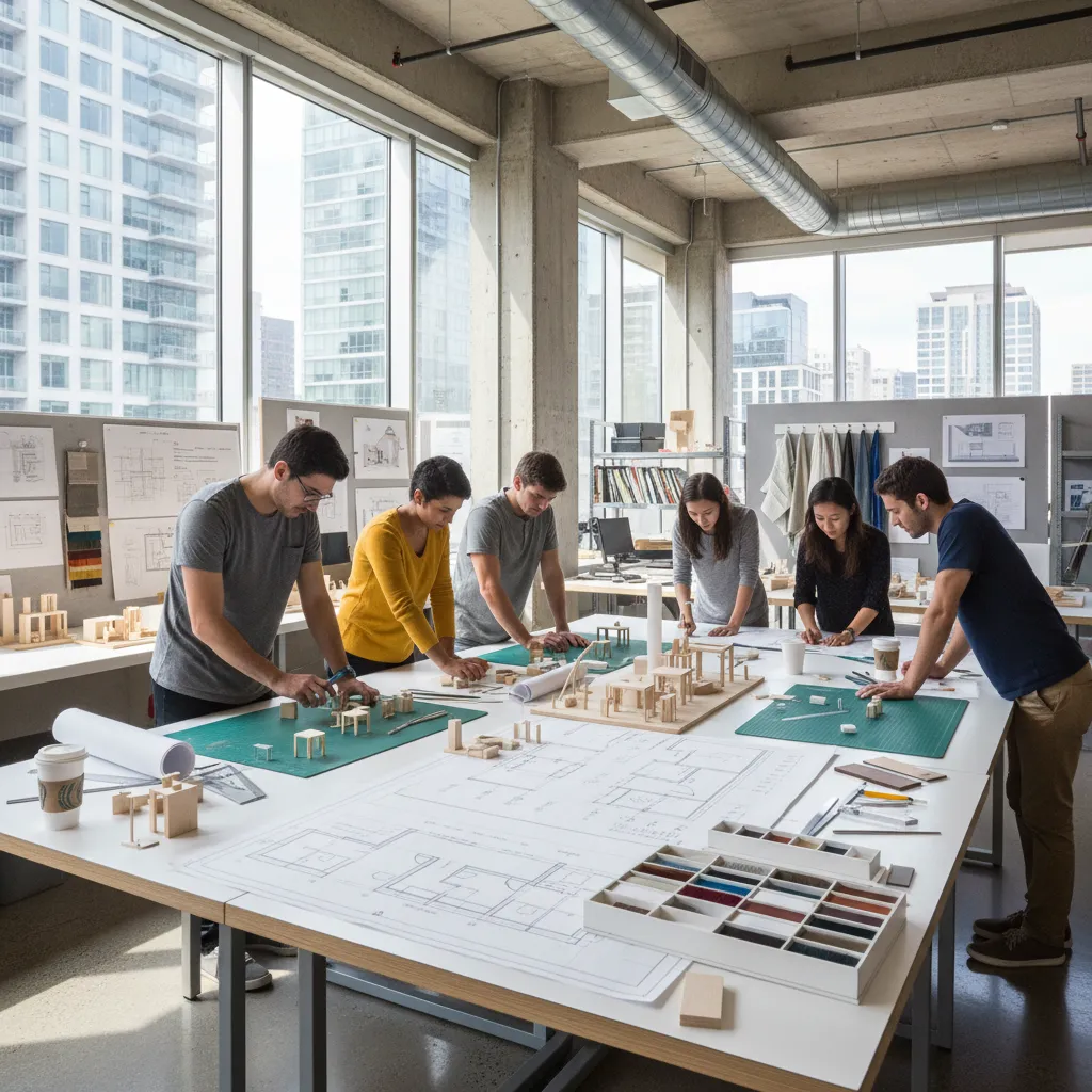Estudiantes de interiorismo revisando planos y maquetas en un estudio de diseño