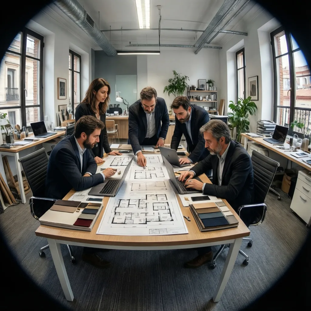 Estudio profesional de interiorismo en Madrid con diseñadores trabajando