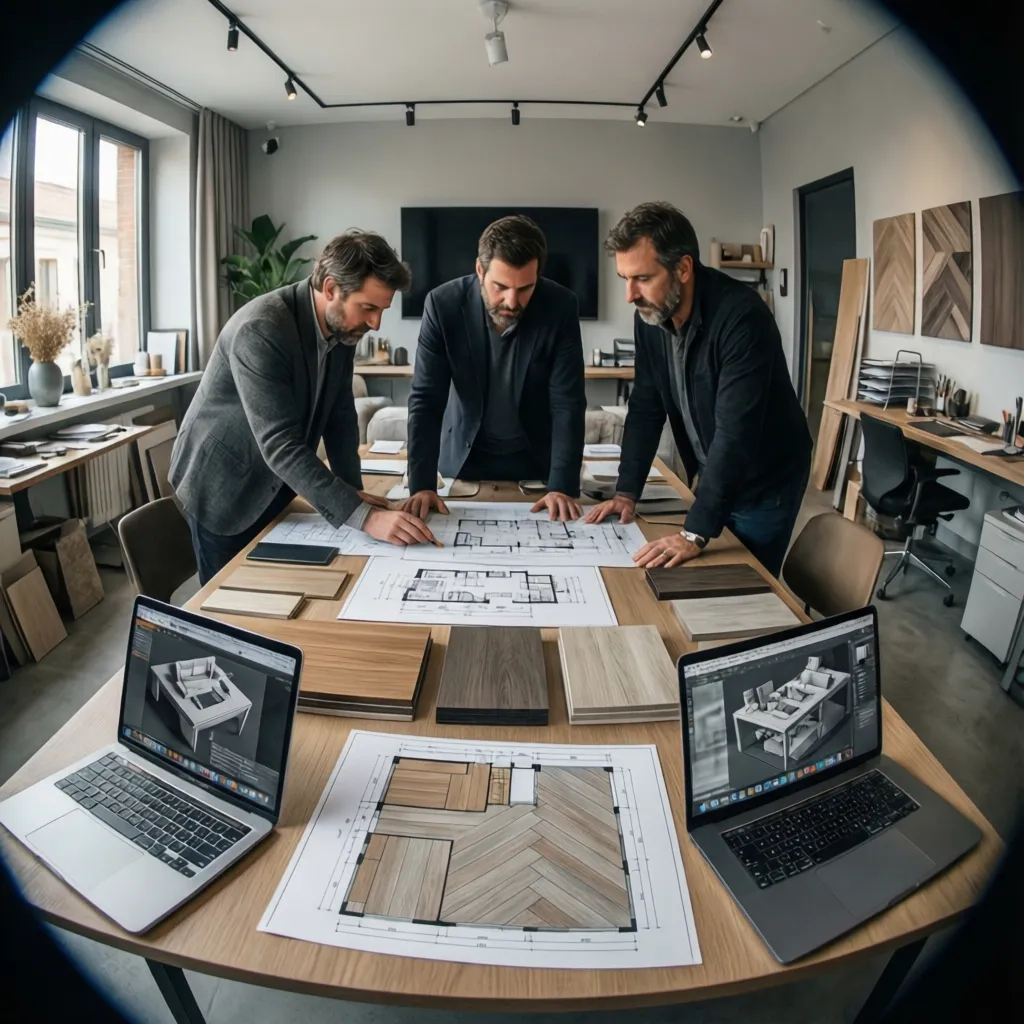 Estudio de interiorismo en Madrid con diseñadores revisando planos