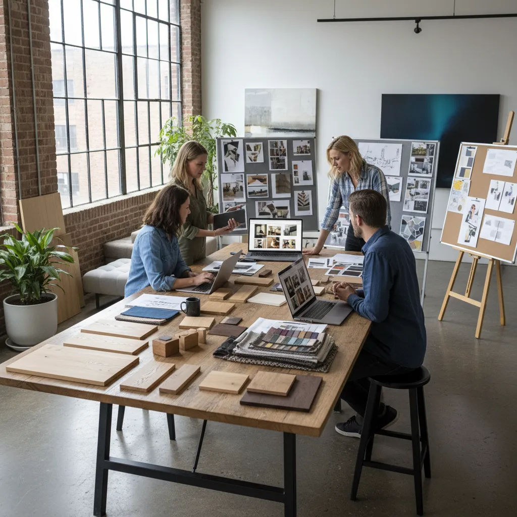 Equipo de interioristas trabajando en un estudio de diseño en Madrid