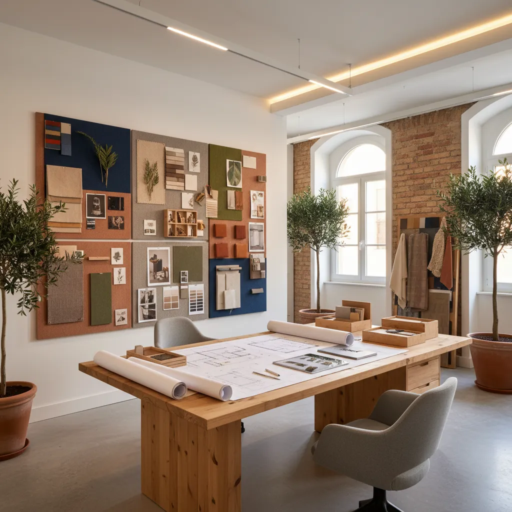 Estudio profesional de diseño de interiores con moodboards y planos
