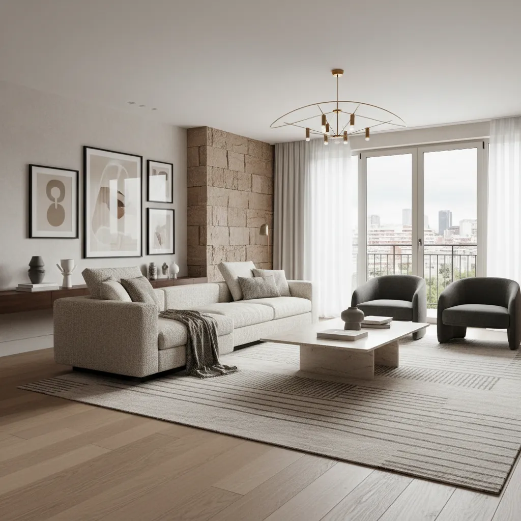 Modern living room with beige sofa, stone wall, marble coffee table, ceiling light, and windows