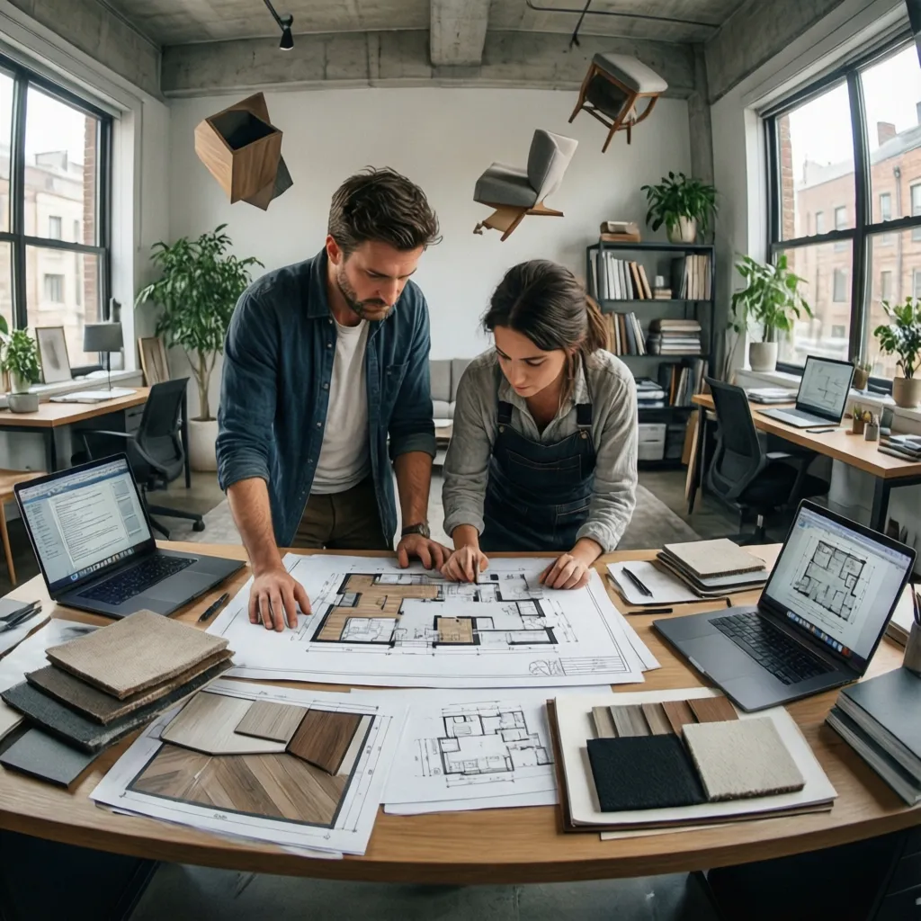 equipo de interioristas revisando planos de diseño en estudio