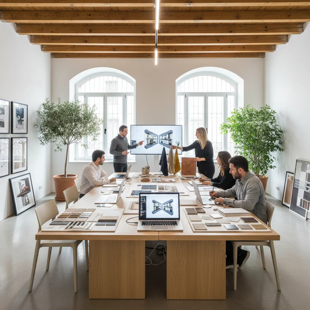 Equipo de diseñadores trabajando en un estudio de interiorismo en Madrid