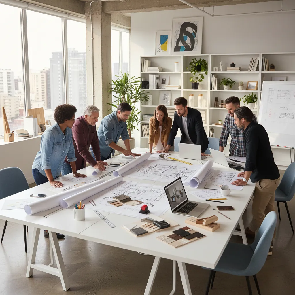 Equipo de interioristas revisando planos en un estudio de diseño