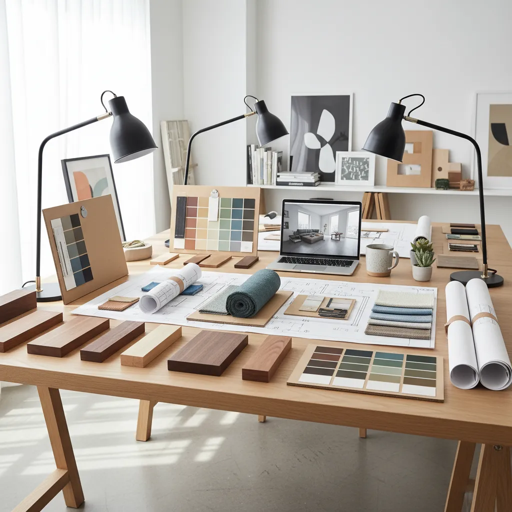 Mesa de estudio con muestras de materiales y planos de interiorismo