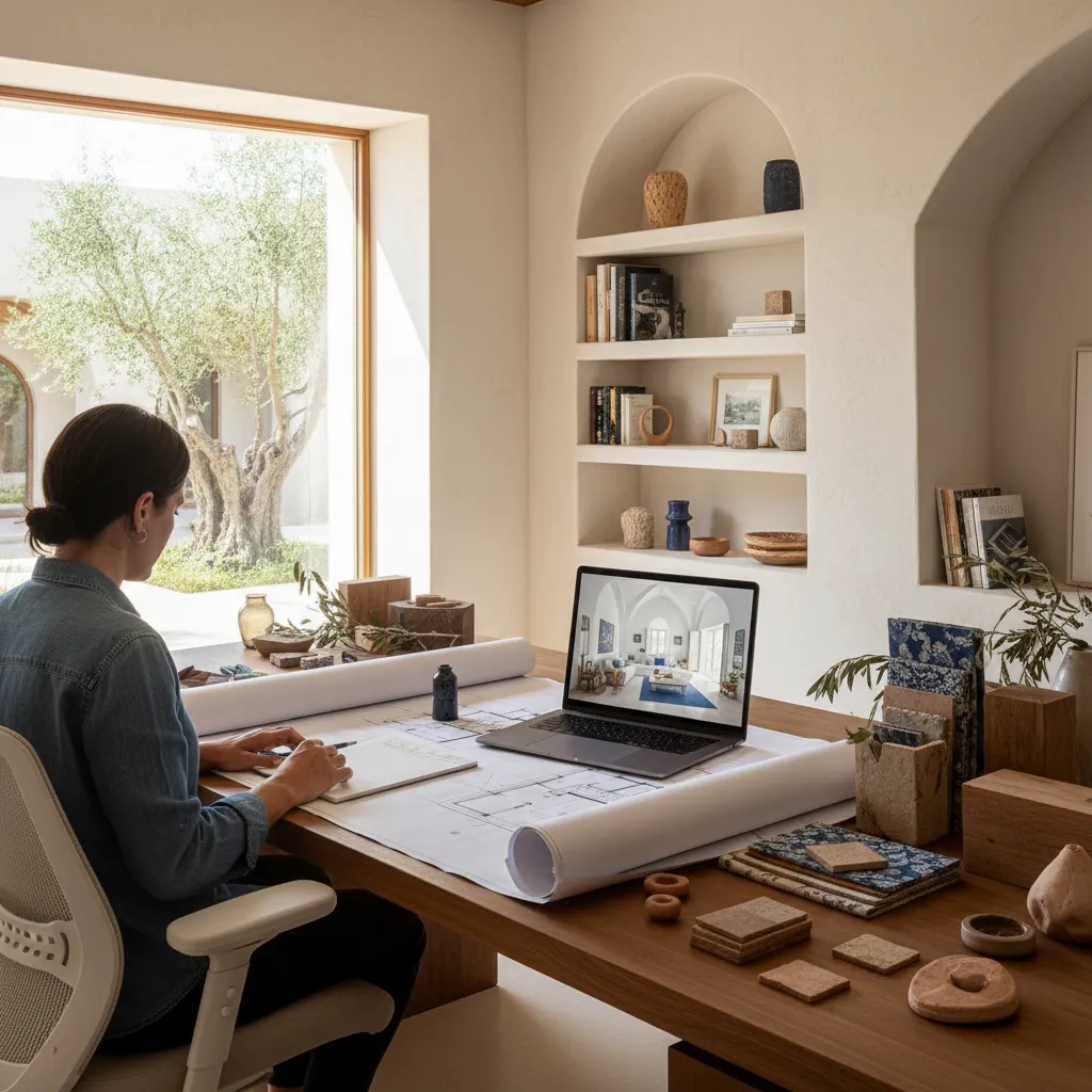 Interior designer working on laptop with interior design drawing floor plan paper and material samples