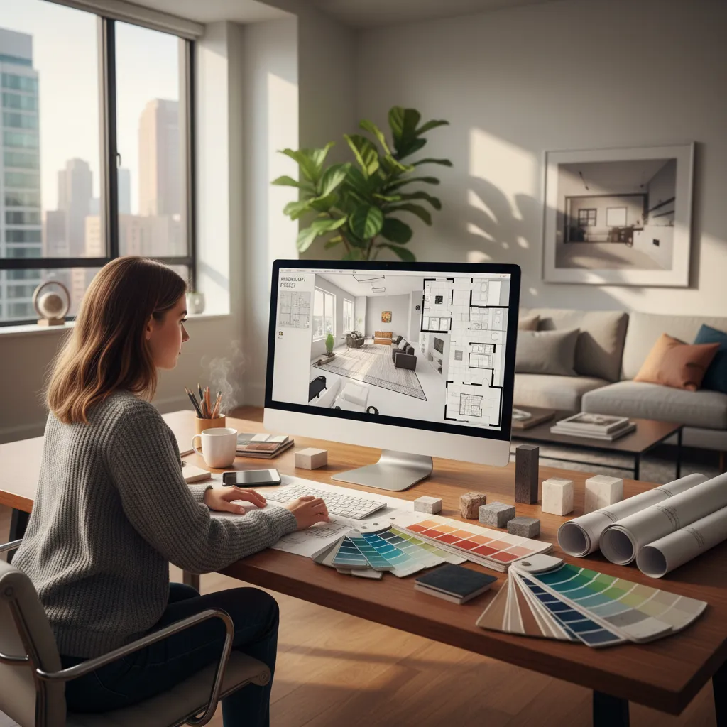 Estudiante revisando planos de interiorismo en ordenador