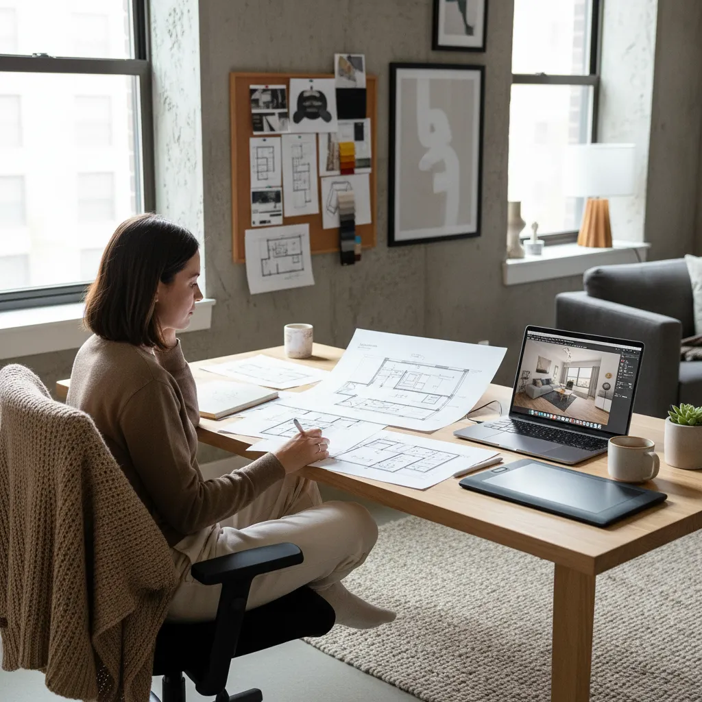 Persona estudiando diseño de interiores desde casa con planos y portátil