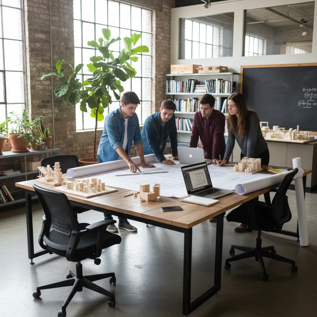 Estudiantes analizando planos de interiorismo y paisajismo en una mesa de trabajo