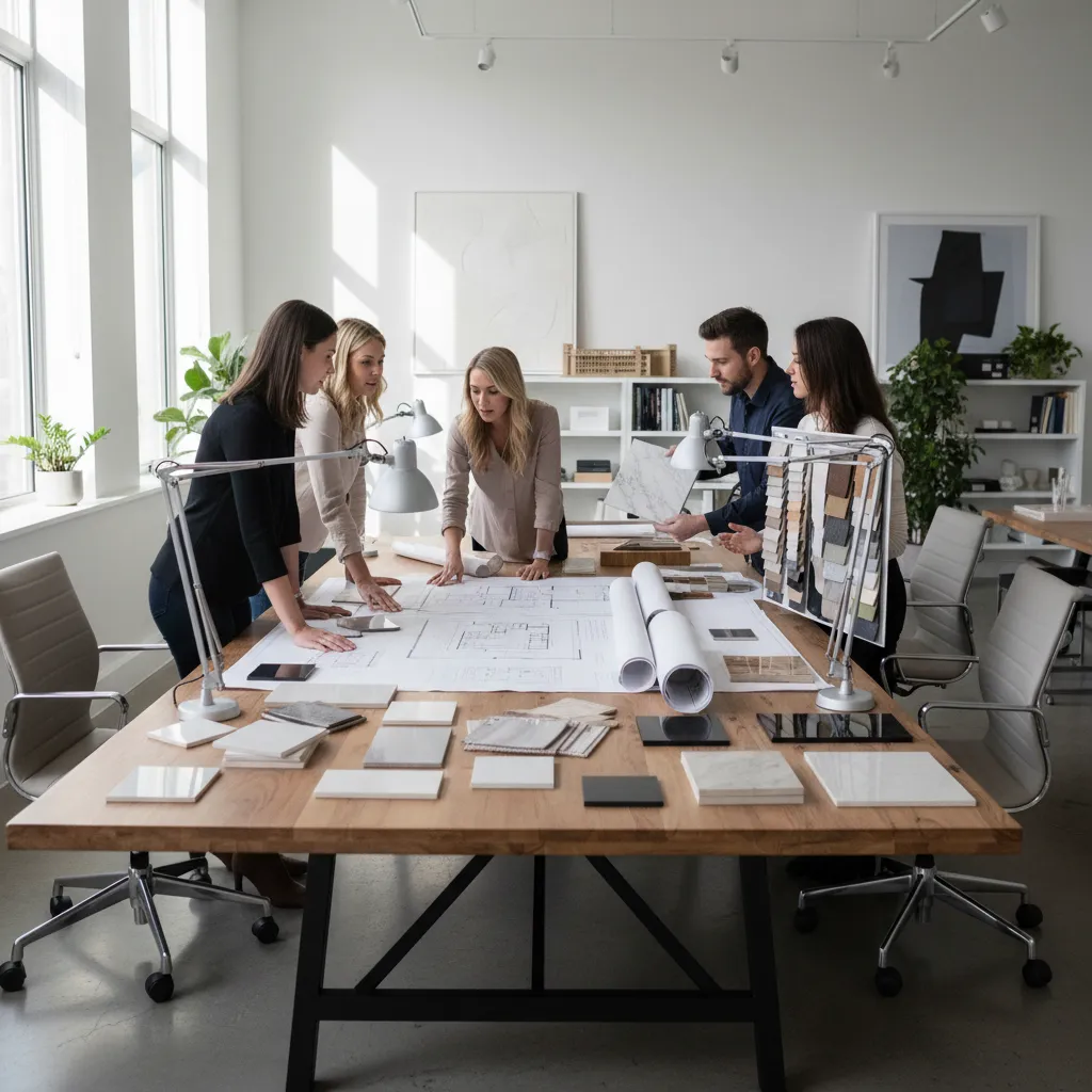 Equipo de diseñadores revisando planos de un proyecto de interiorismo