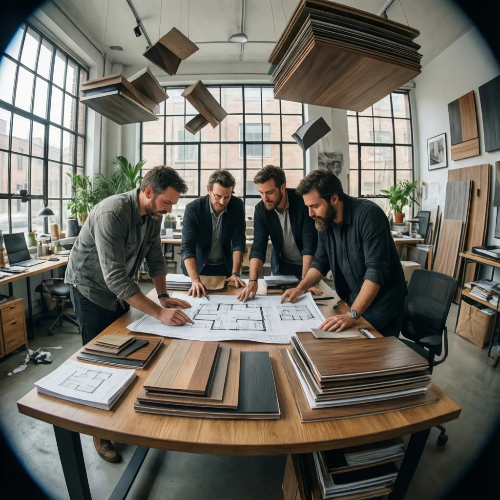 Estudio profesional de interiorismo con diseñadores trabajando en proyectos