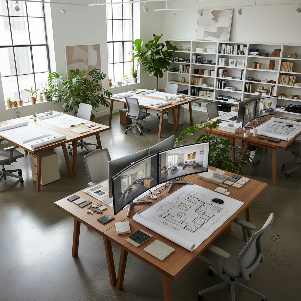 Estudio profesional de interiorismo con planos, muestras y ordenadores