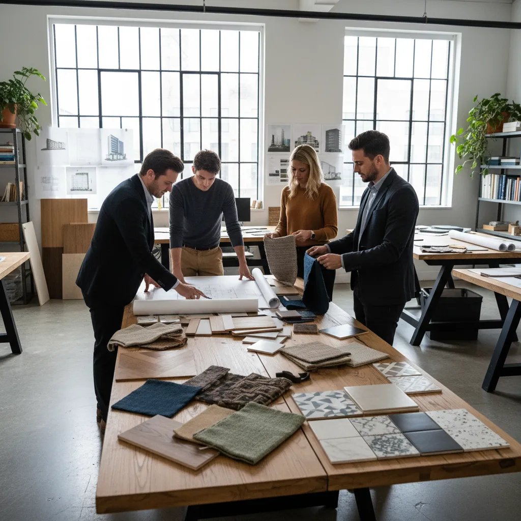 Equipo de interioristas revisando muestras de materiales en un estudio de diseño