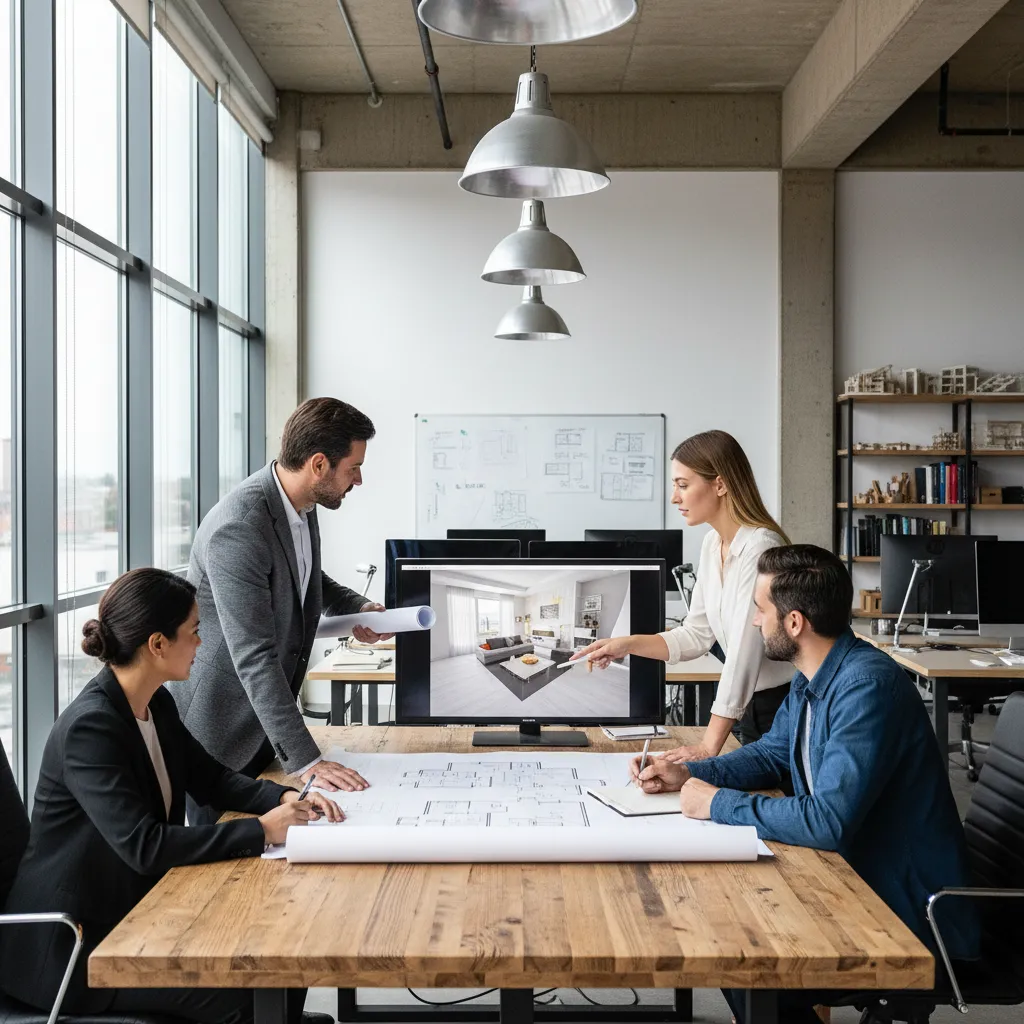 Equipo de diseñadores de interiores trabajando en un estudio profesional