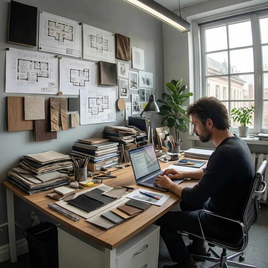 Estudio profesional de diseño de interiores con materiales y planos