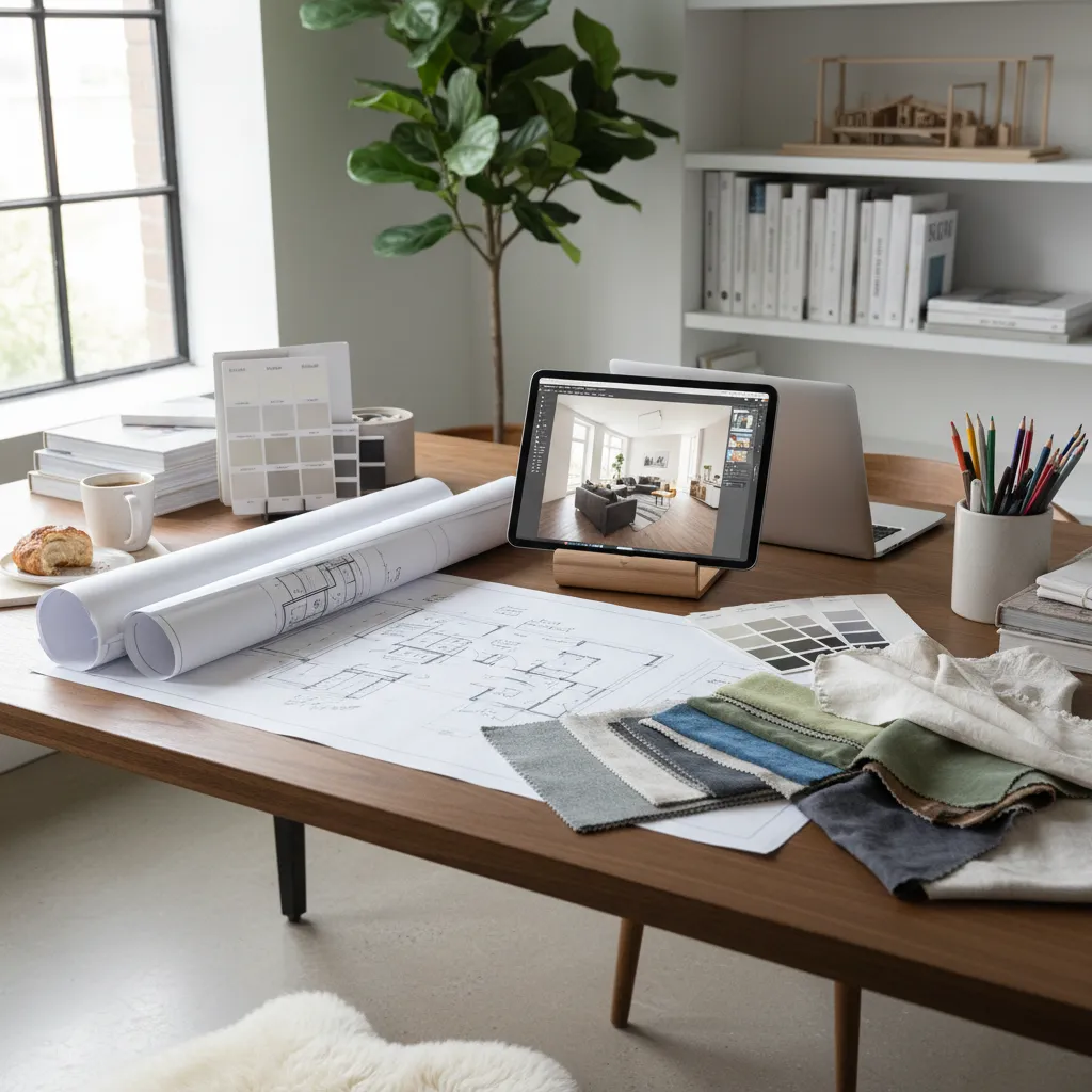 Interior design desk with floor plans fabric samples and tablet showing a modern room layout
