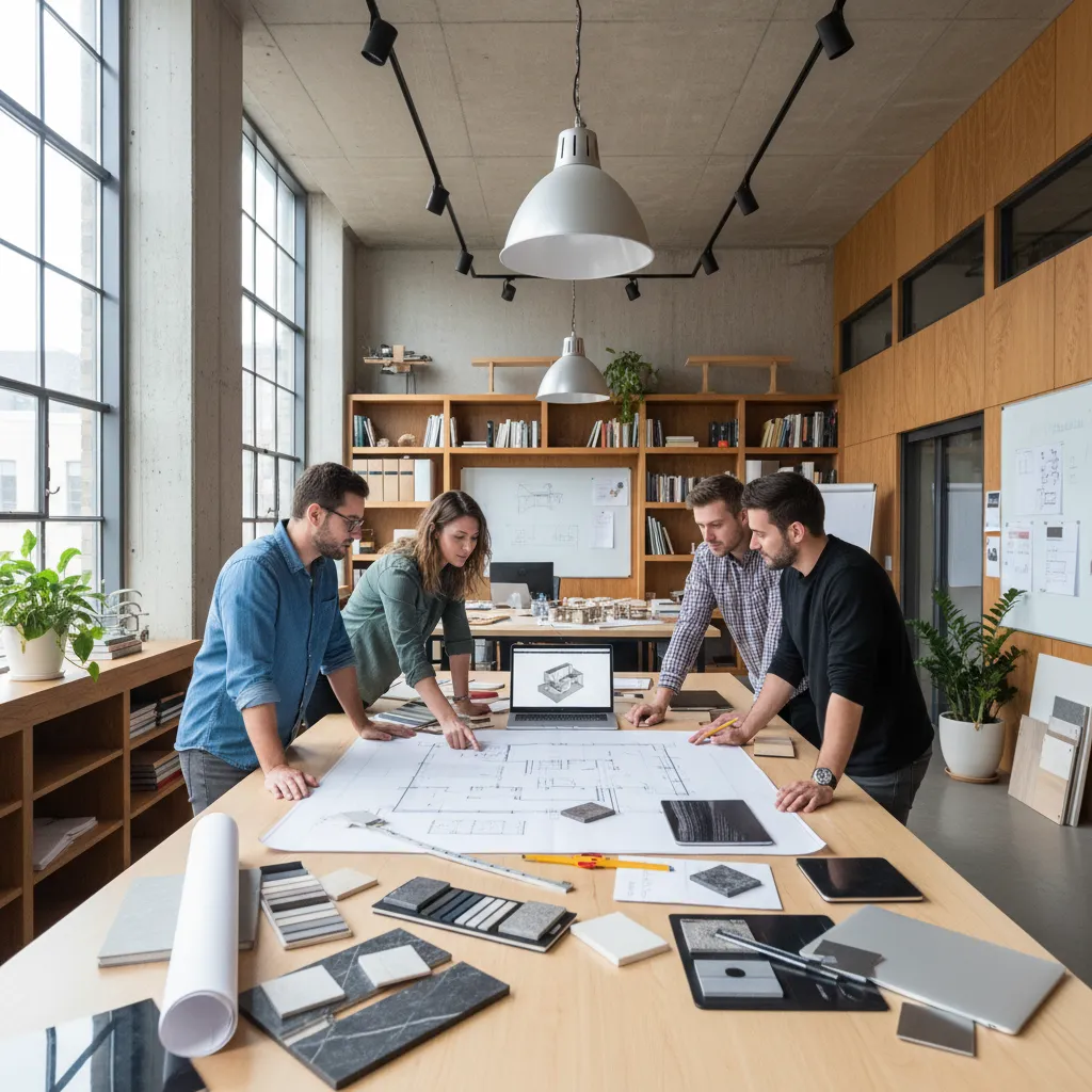 Estudio profesional de diseño de interiores trabajando con planos y materiales