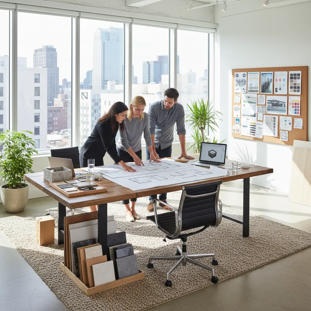 Equipo de interioristas revisando planos en un estudio de diseño