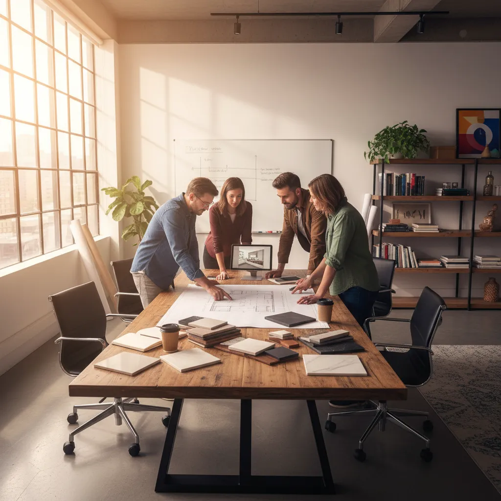 Four interior designers standing around a large wooden table reviewing a paper room layout design plan